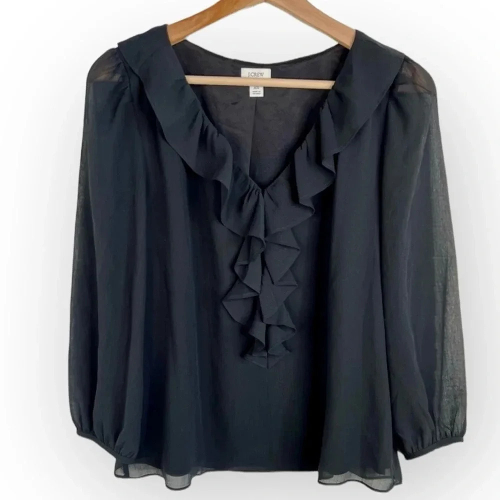 J. Crew Factory Black Semi Sheer Ruffle Detail Top Size XS